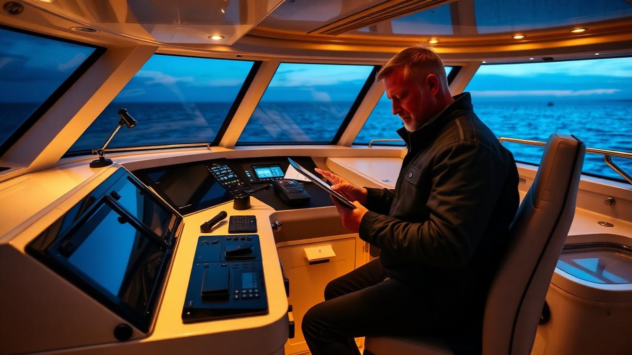 Captain planning a trip on the bridge at dusk