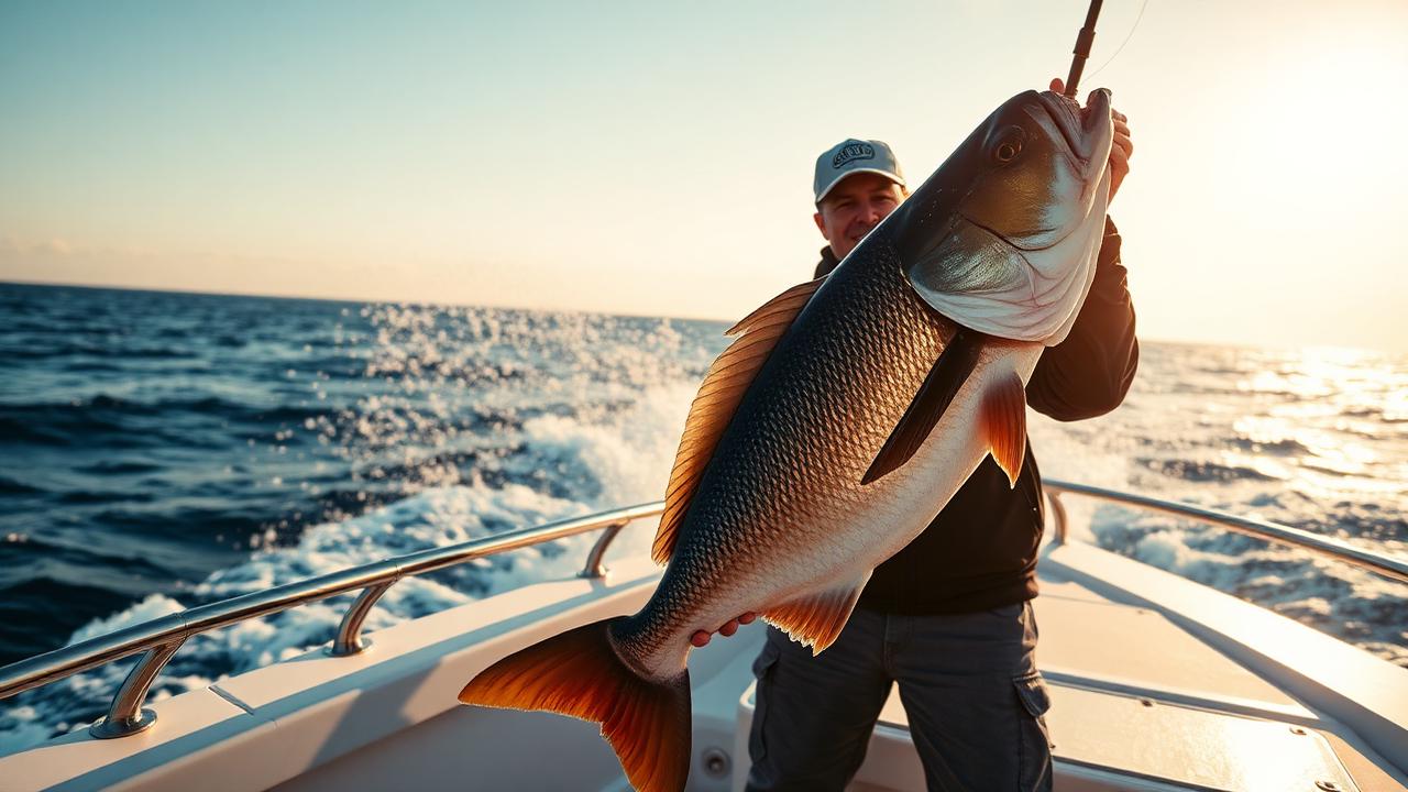 Angler holding a trophy fish at golden hour